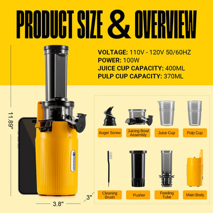 Ventray Ginnie Compact Small Cold Press Juicer, Slow Chew Juicer with 60 RPM Low Speed, Space Saving Juice Extractor, Easy to Clean, Nutrient Density