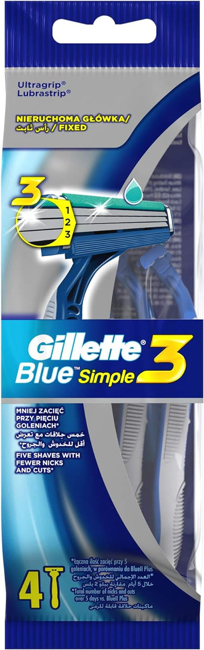 Gillette Blue Simple3 Disposable Razors X4+1 (5 Pieces)