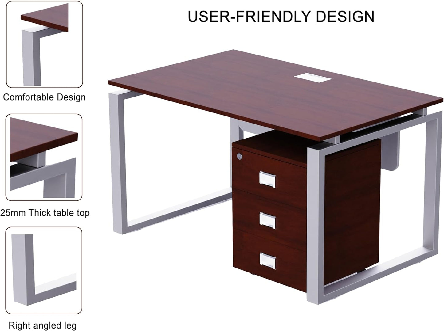 Mahmayi Carre Modern Workstation- Office Furniture with Steel Square Metal Legs, Silver Modesty Panel, Wood 3 Drawer Mobile Storage Unit, Tempered Glass Top for Office Executives, Home (140CM, White)