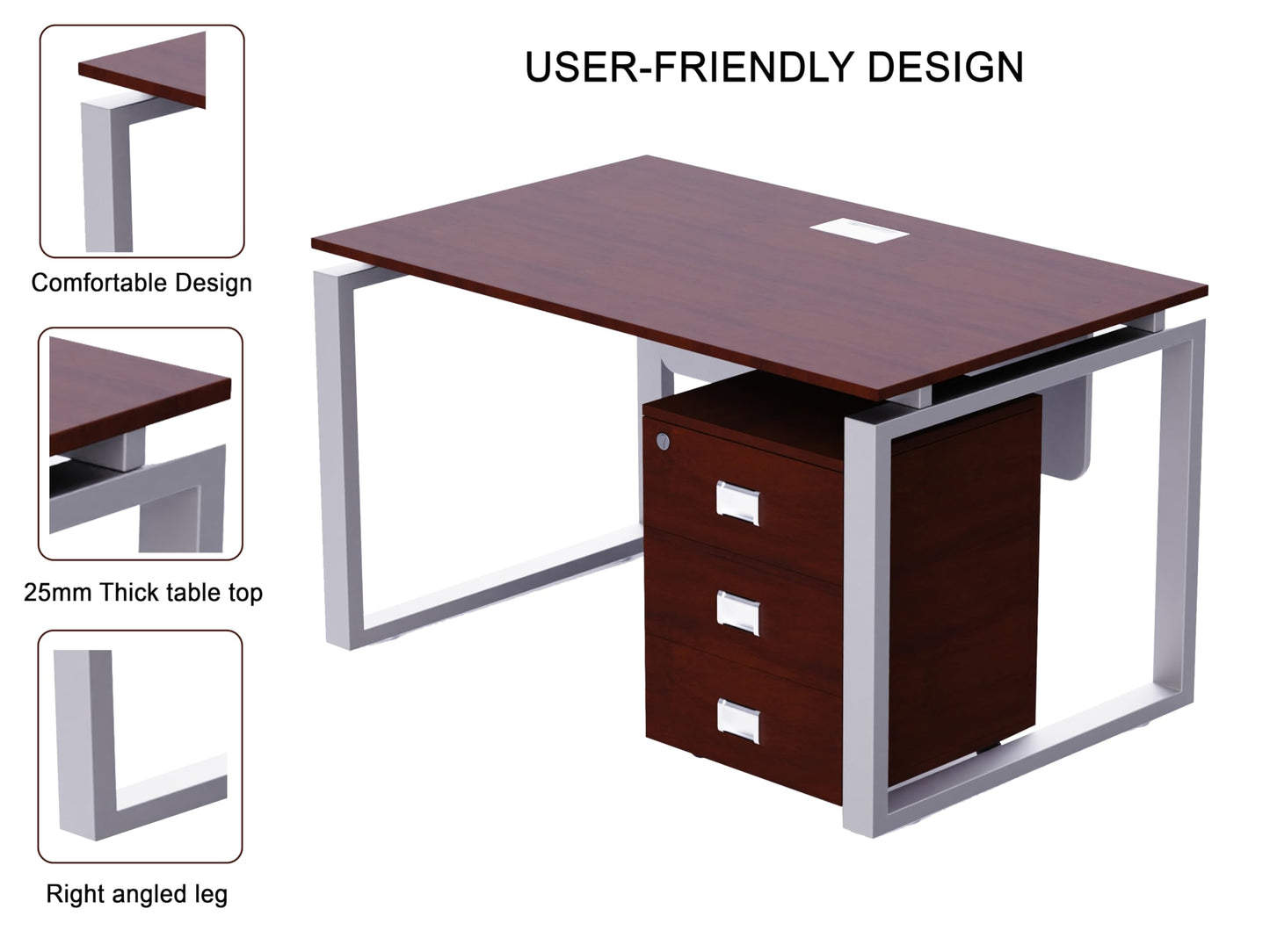 Mahmayi Carre Modern Workstation- Office Furniture with Steel Square Metal Legs, Silver Modesty Panel, Wood 3 Drawer Mobile Storage Unit, Tempered Glass Top for Office Executives, Home (140CM, White)