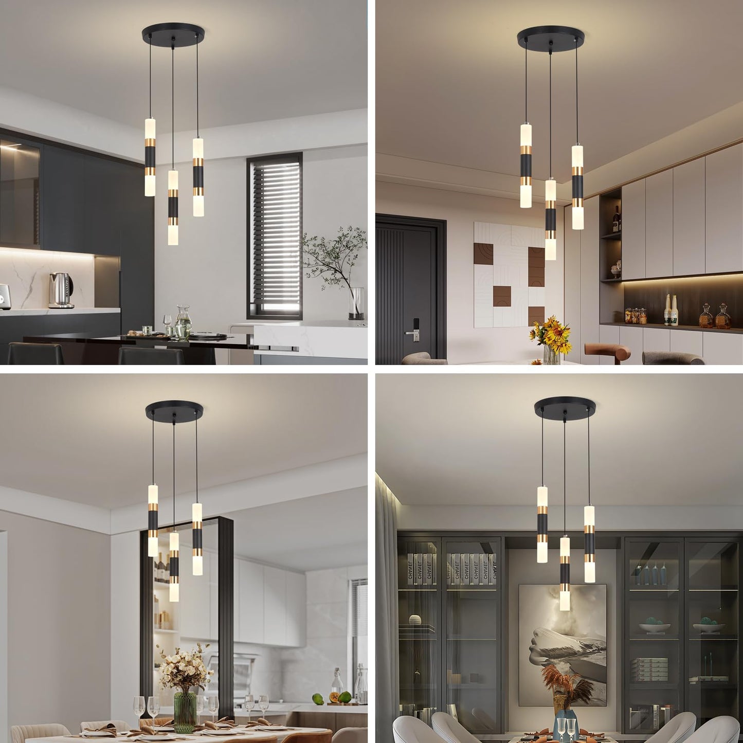 YT YATAI LIGHTING LED Pendant Light Ceiling 3 Heads,Dining Room Table Pendant Light,Black Gold Modern Cylinder Shape Pendant Lamp,Adjustable Color Temperature Acrylic Hanging Light(18W,3-Lights)