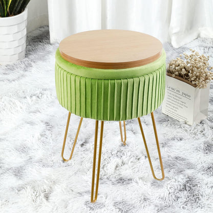 XTECH Stripe Velvet Vanity Chair Round Ottoman,Upholstered Vanity Makeup Footstool Side Table Dressing Chair with Golden Metal Legs (Green), DBXT7164-70