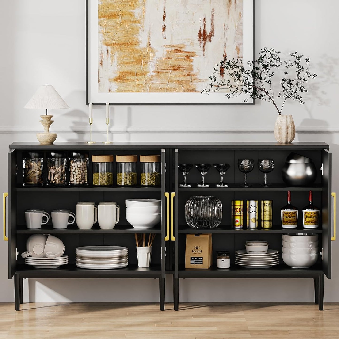 REHOOPEX Balck Storage Cabinet, Modern Buffet Cabinet with Two Adjustable Shelve, Free Standing Sideboard and Buffet Storage, Wood Cabinet for Living Room, Kitchen, Bedroom or Hallway (Two Shelves)