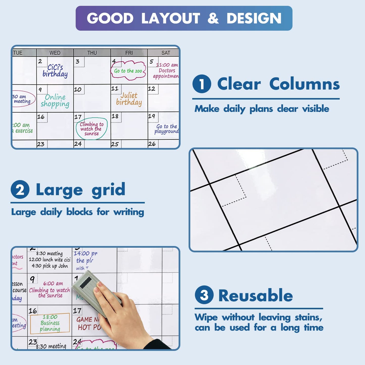 Dry Erase Monthly Laminated Jumbo Whiteboard Calendar, 25" by 38", Erasable Family Schedule Planner