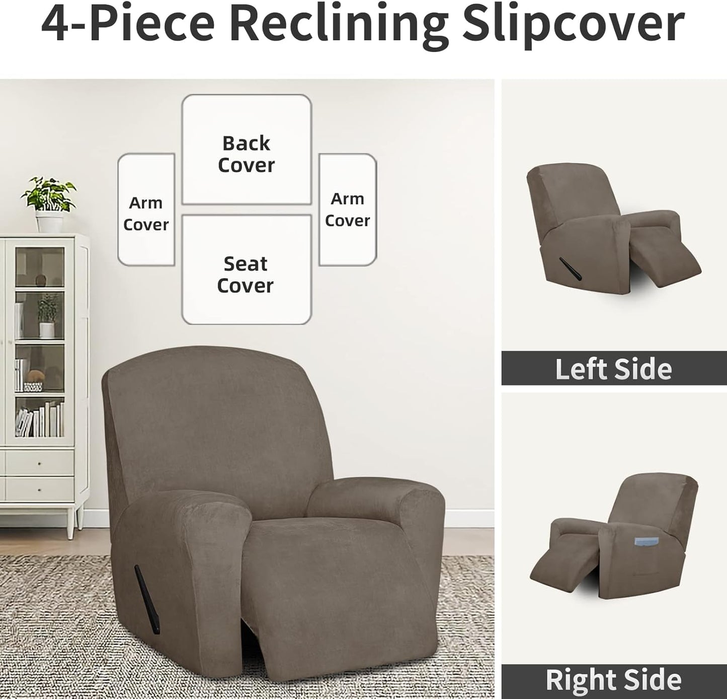 Easy-Going Velvet Reclining Loveseat with Middle Console Slipcover, Stretch 8-Piece Loveseat Reclining Sofa Covers, 2 Seat Loveseat Recliner Slipcover, Thick, Soft, Washable, Gray