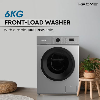 KROME 6Kg 1000 RPM Front Load Washing Machine,LED Display with Universal Motor, 5 Star Energy Efficient, 16 Wash Programs with Variable Temperature Setting, 5 Year Motor Warranty Titanium - KR-WFL60SS