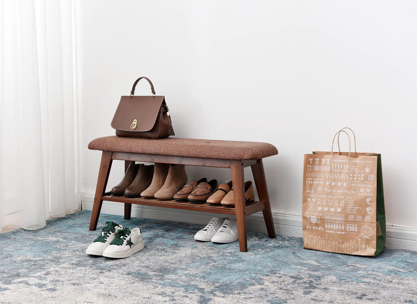 Shoe Entryway Bench, Bamboo Shoe Rack Bench, Organizer with 2 Tier Storage Simple Style Good Load Bearing, Ideal for Entryway Hallway Living Room (Brown)