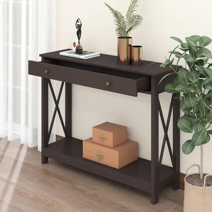 Treocho Oxford Design Console Table with 1 Drawer, Foyer Sofa Table Narrow for Entryway, Black