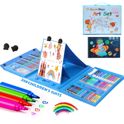 IS MUHE 209 pcs art supplies, children's drawing art set with double-sided tri-fold easel box, with oil pastels, crayons, colored pencils, paintbrushes, watercolor brushes, etc. (Pink)