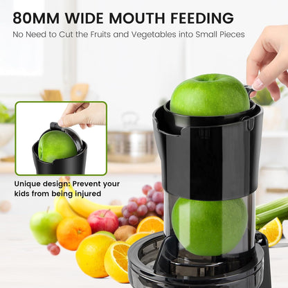 Keenray Juicer Machine, Masticating Slow Juicer for Whole Fruits, Cold Press Juicer with Wide Mouth 80mm Feeding Chute, Reverse Function Quiet Motor Fresh Healthy Juice Extractor (Black)