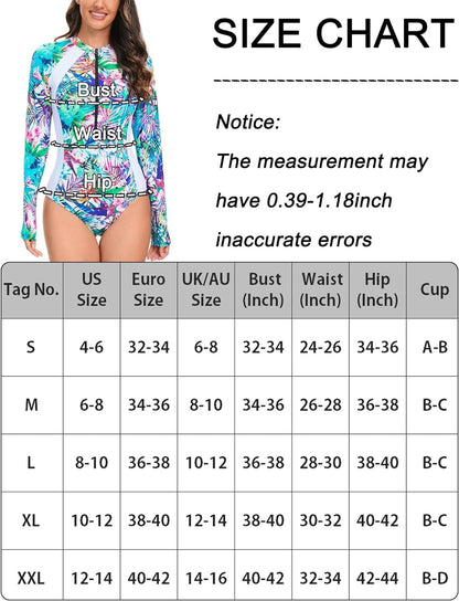 Maeau Women's Long Sleeve Rash Guard UV Protection Zipper Printed Surfing One Piece Swimsuit Bathing Suit