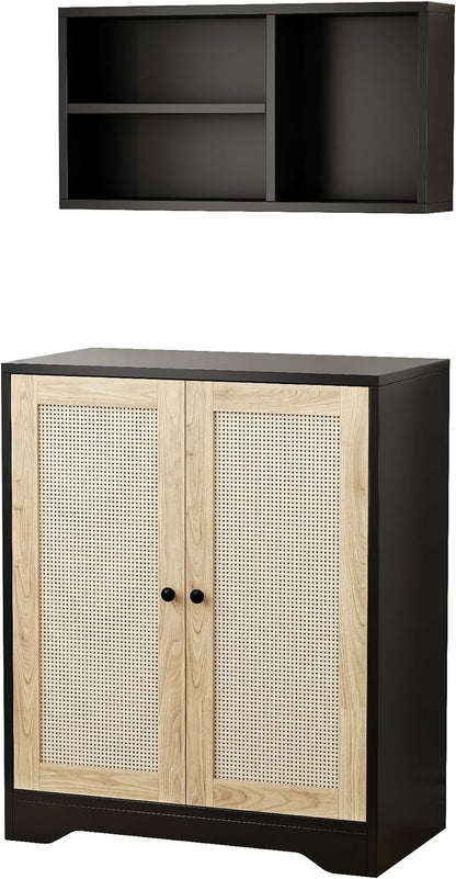 JASIWAY Sideboard - Kitchen Buffet Cabinet with Rattan Decorated Doors, Accent Sideboard Cabinet, Coffee Bar Cabinet Rattan Sideboard for Dining Room, Kitchen, Hallway, Black