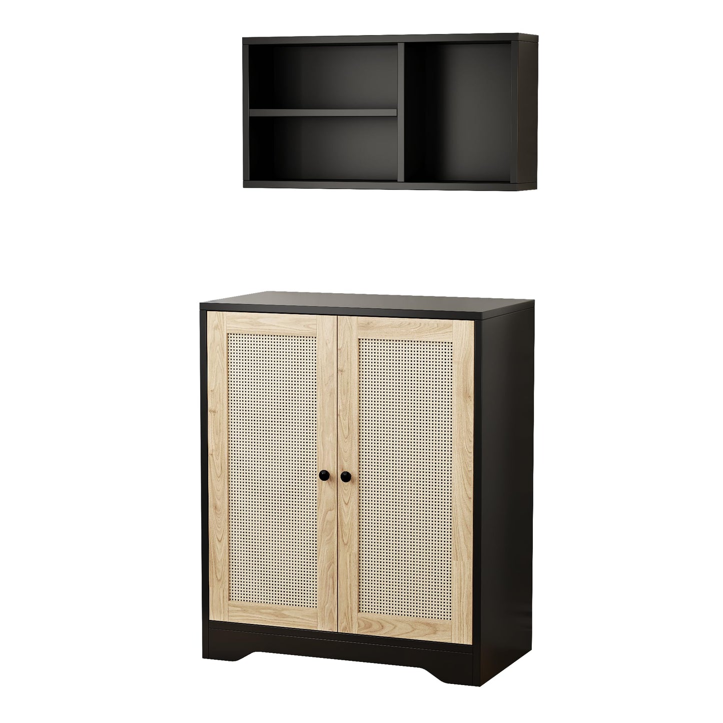 JASIWAY Sideboard - Kitchen Buffet Cabinet with Rattan Decorated Doors, Accent Sideboard Cabinet, Coffee Bar Cabinet Rattan Sideboard for Dining Room, Kitchen, Hallway, Black