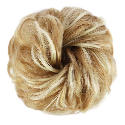 MORICA 1PCS Messy Hair Bun Hair Scrunchies Extension Curly Wavy Messy Synthetic Chignon for Women (12AH613(Light Golden Brown & Lightest Blonde))