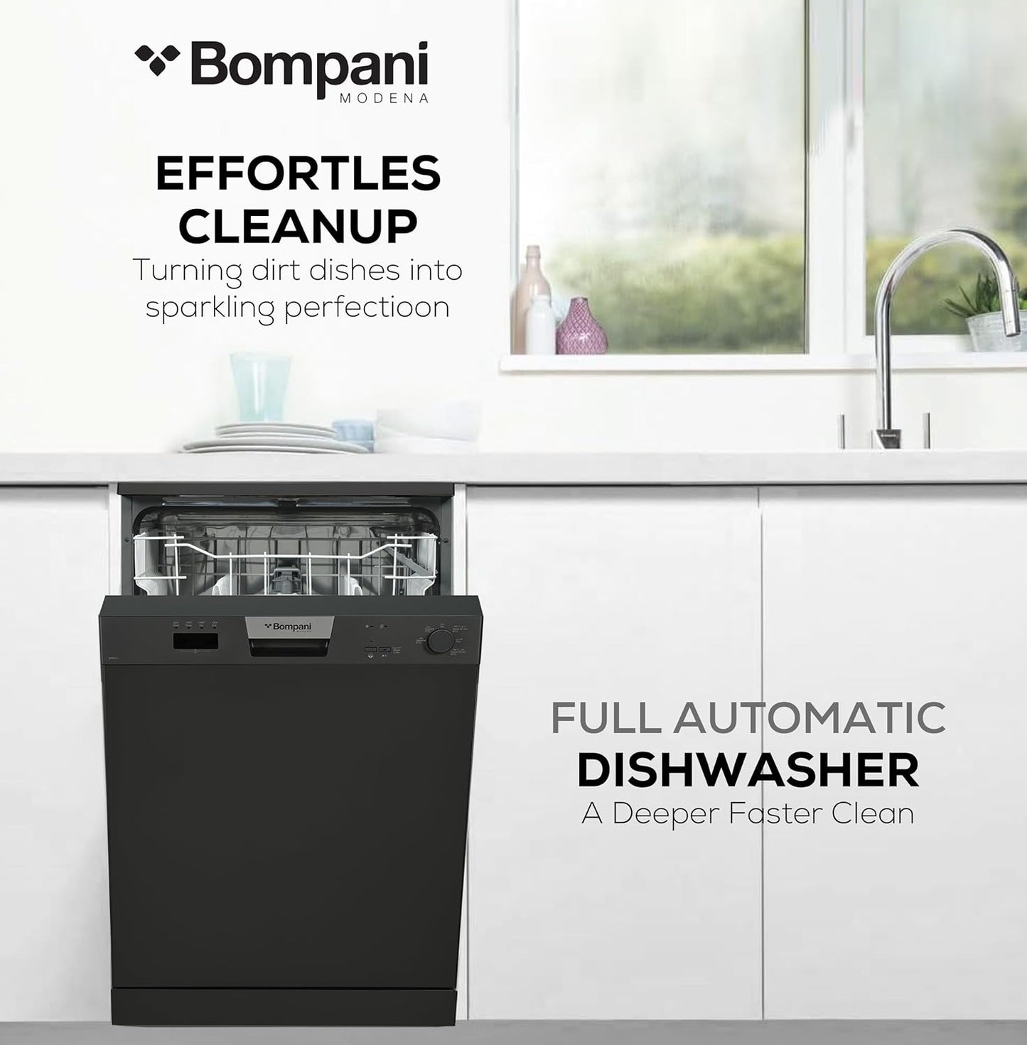 Bompani Free-Standing Dishwasher, 5 Programs, 12 Place Settings, LED Indicator, 1-Year Warranty – Efficient, Stylish, and Made in Turkey in Dark Silver Finish - BO5011