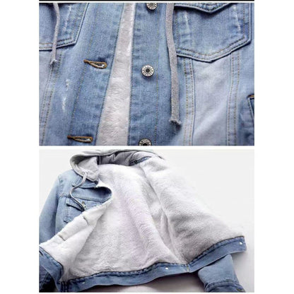 Denim Jacket Women Winter Korean Style Hooded Short Long-Sleeved Woolen Cloth Plus Velvet Thick Lamb Wool Cotton Coat