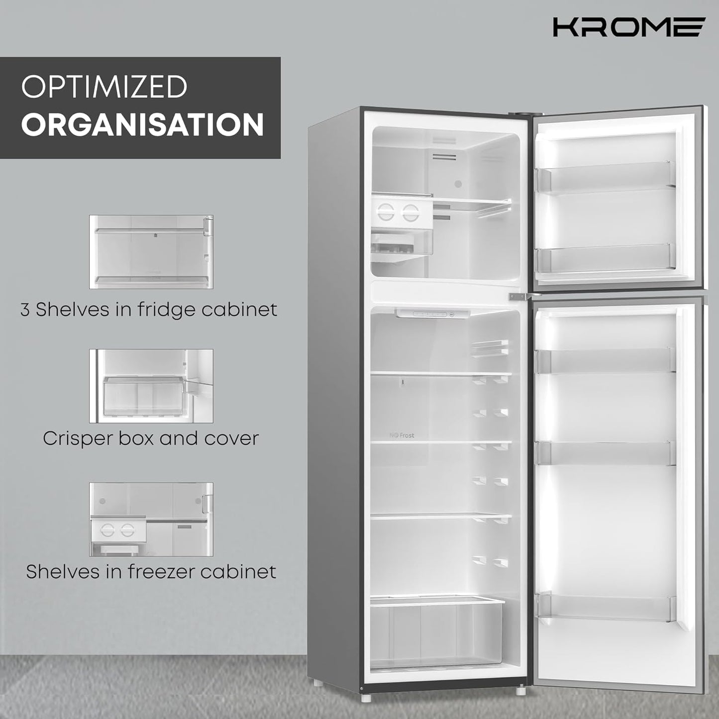 KROME 330L Gross,Double Door Top Mounted Refrigerator with Multi Air Flow System,No-Frost Cooling with Electronic Touch Temperature Control,Door Alarm,Silver,10 Year Compressor Warranty - KR-RFF 330SM