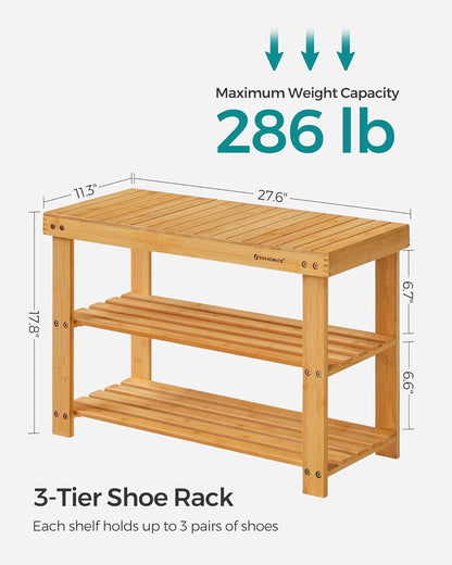 SONGMICS Shoe Rack Bench, 3-Tier Bamboo Shoe Storage Organizer, Entryway Bench, Holds Up to 286 lb, for Entryway Bathroom Bedroom, Natural ULBS04N