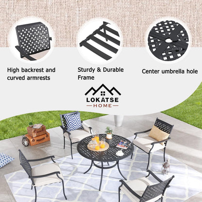 LOKATSE HOME 5 PCS Outdoor Patio Dining Set 4 Armchair with Cushions and 1 Round Table with 2.04" Umbrella Hole, Khaki