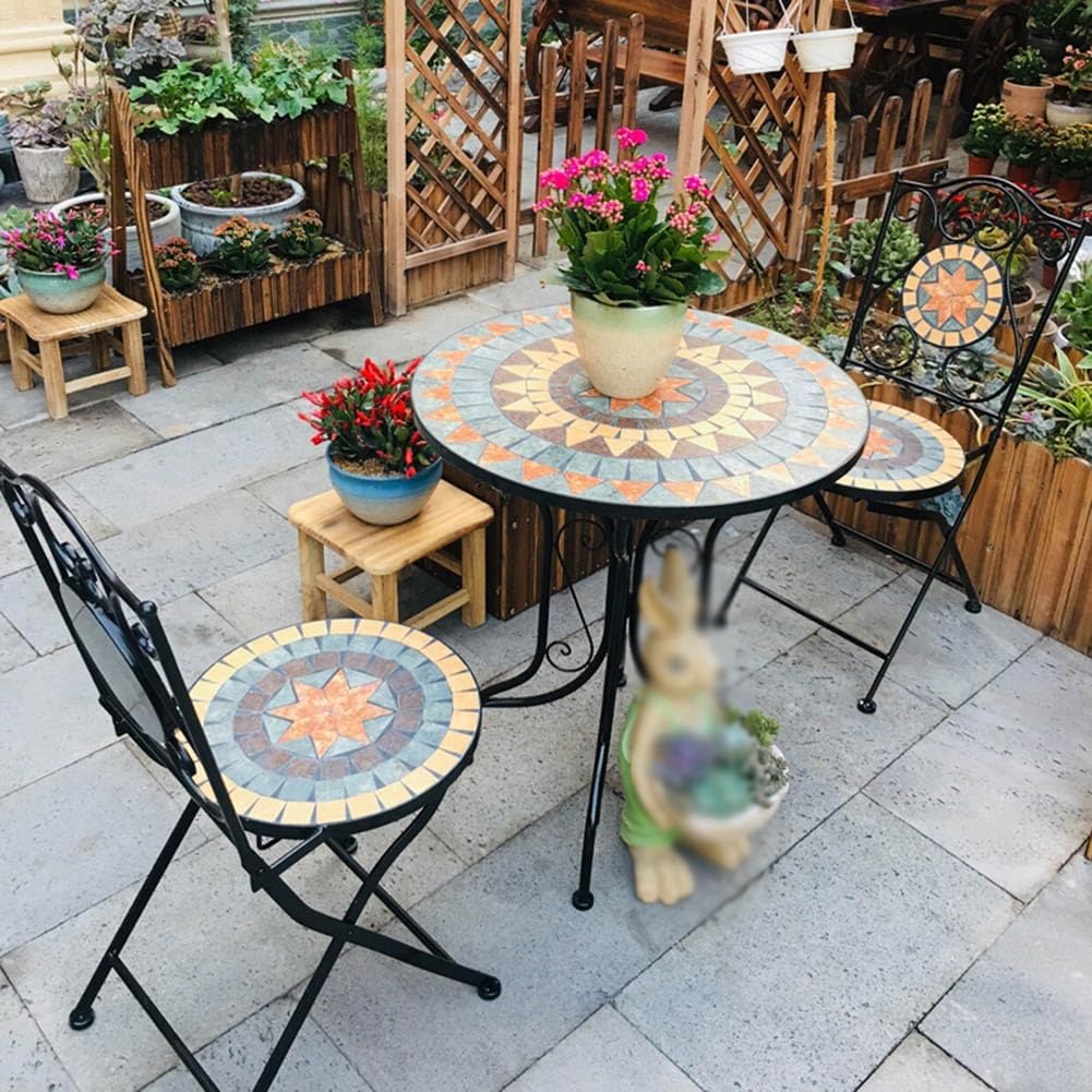 Mosaic Patio Bistro Set, Iron Outdoor Garden Furniture Set, 1 Round Table, 2 Chairs, Balcony Furniture Set for Terrace, Pool