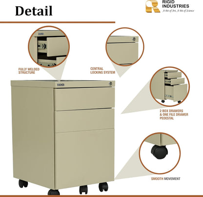 RIGID Steel Mobile Pedestal 2 Box Drawers & one file drawer pedestal Unit Modern & Sleek Office Furniture (Beige)