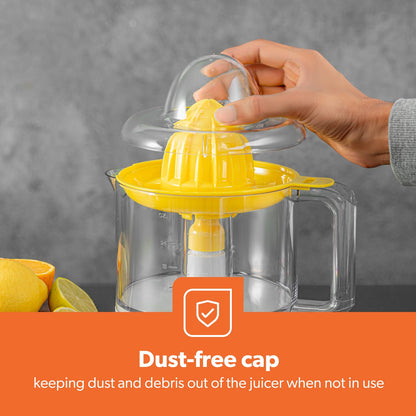 Geepas Portable Citrus Juicer Set Non Slip Feet Transparent Lid Plastic Body Effortless Juicer with 2 Cones Bi-Direction Twist for Quick Nutritious Juices 1 L 25 W GCJ9900 Yellow/White