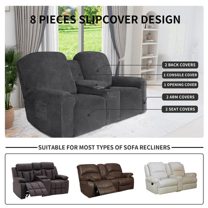 Easy-Going Velvet Reclining Loveseat with Middle Console Slipcover, Stretch 8-Piece Loveseat Reclining Sofa Covers, 2 Seat Loveseat Recliner Slipcover, Thick, Soft, Washable, Gray