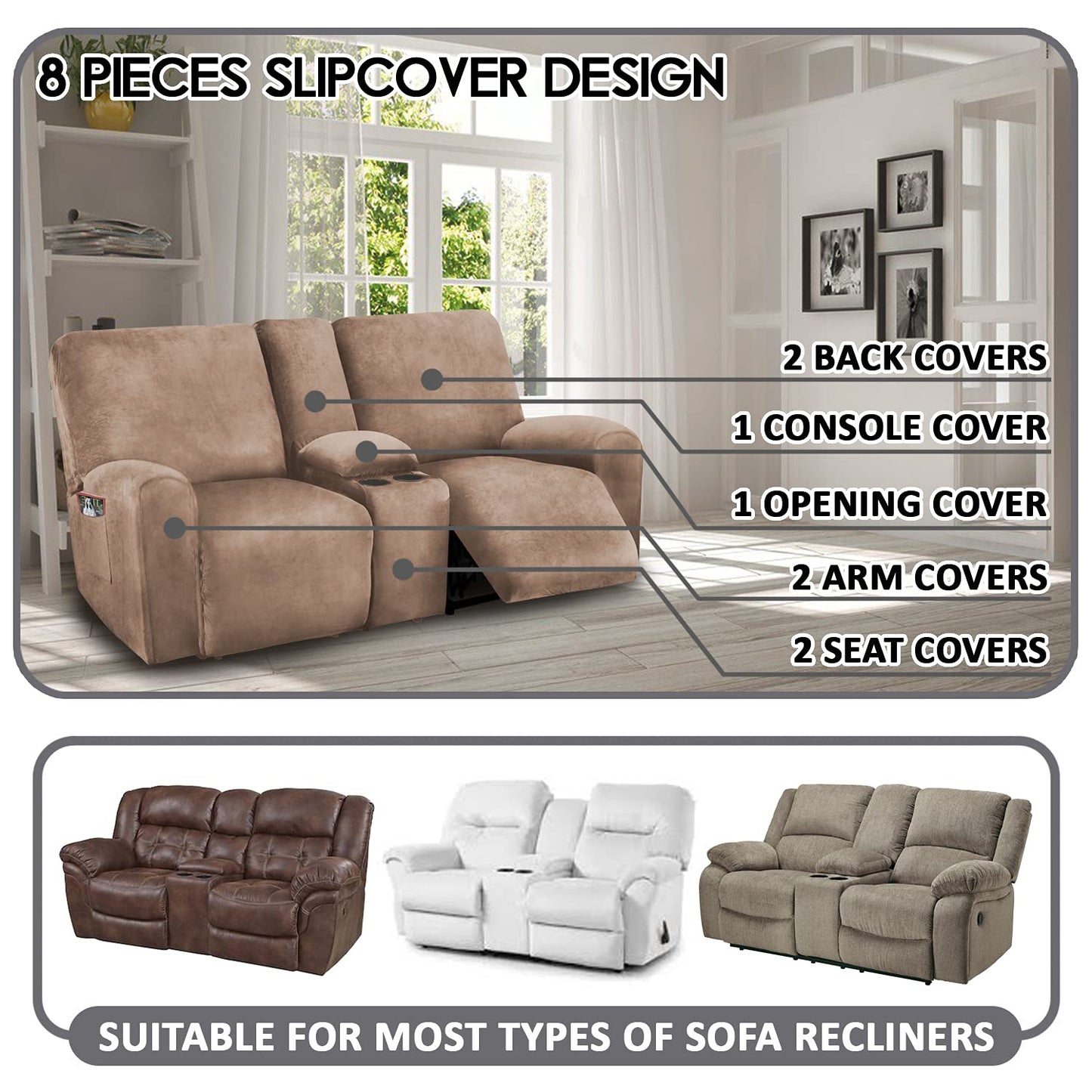 ULTICOR Reclining Loveseat with Middle Console Slipcover, 8-Piece Velvet Stretch Loveseat Reclining Sofa Covers, 2 seat Loveseat Recliner Cover, Thick, Soft, Washable, Loveseat Slipcovers (Dark Grey)