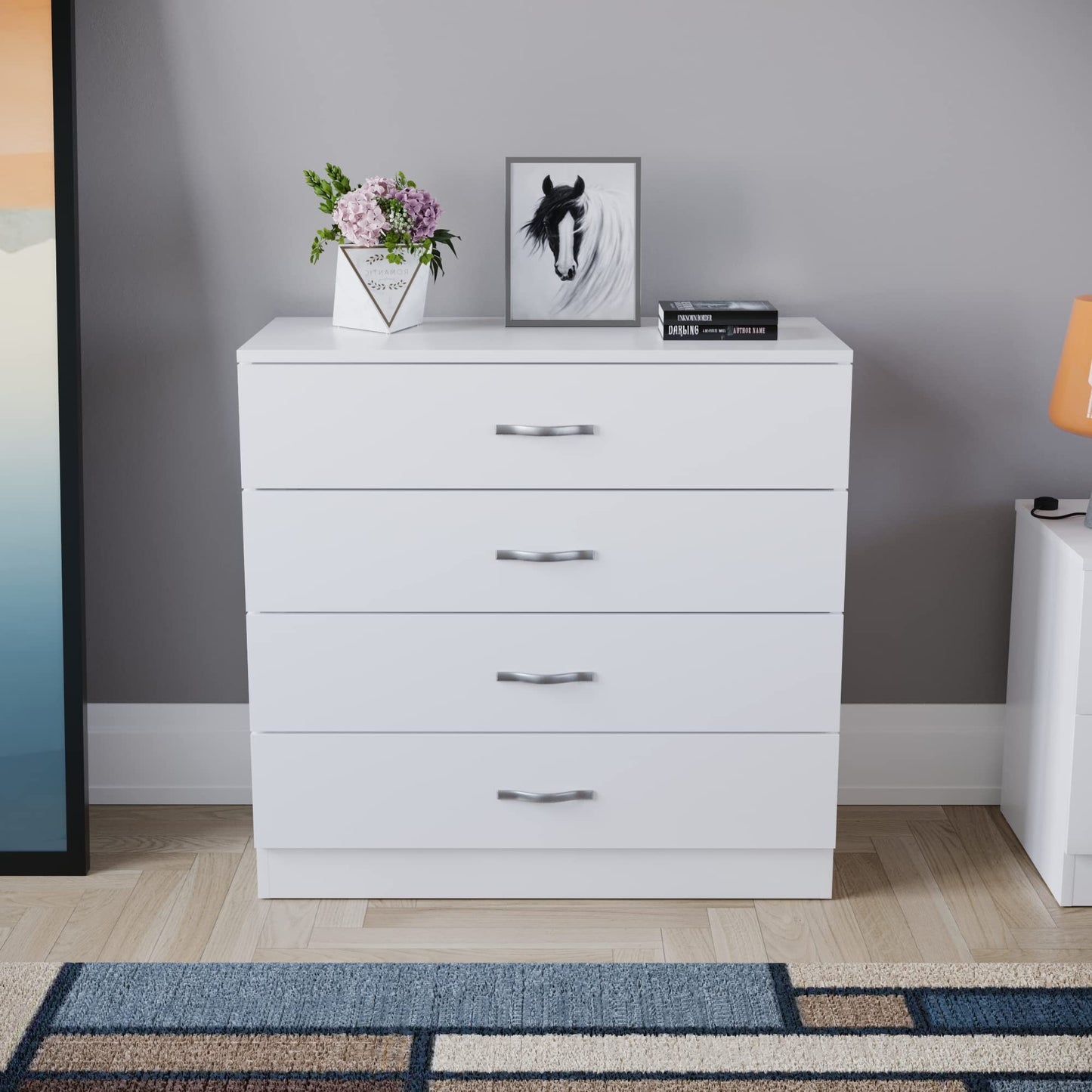 Vida Designs White Chest of Drawers, 4 Drawer Metal Handles Runners Anti-Bowing Support Furniture