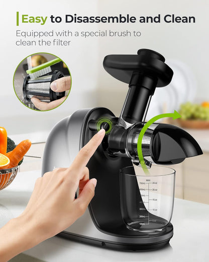 Jocuu Slow Masticating Juicer with Soft/Hard Modes Easy to Clean Quiet Motor & Reverse Function, Cold Press Juicer for Fruit & Vegetable, 90% Juice Yield, with Brush & Recipes (Gray)