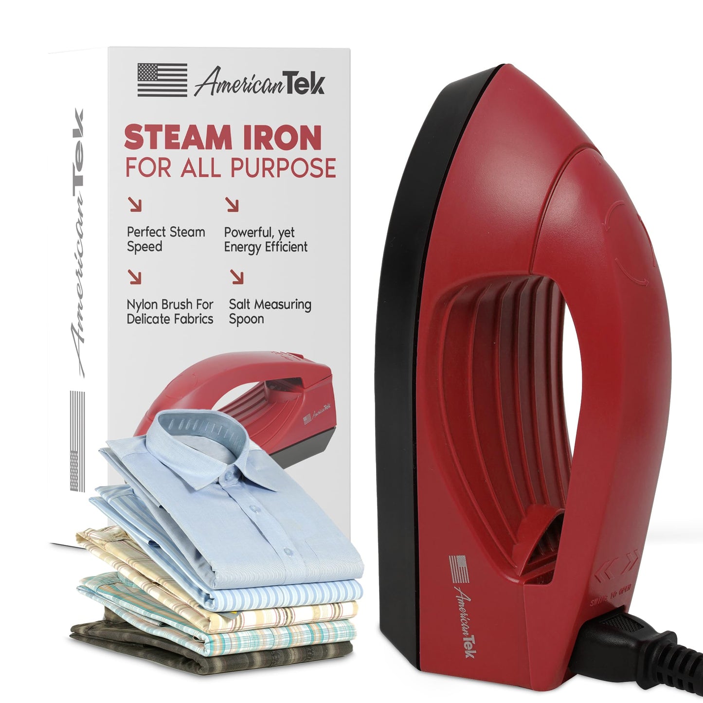 American Tek Handheld Travel Garment Steam Iron - Fabric Lint Remover - Constant and Powerful Steam - Non Stick and Fast Heating (Red)