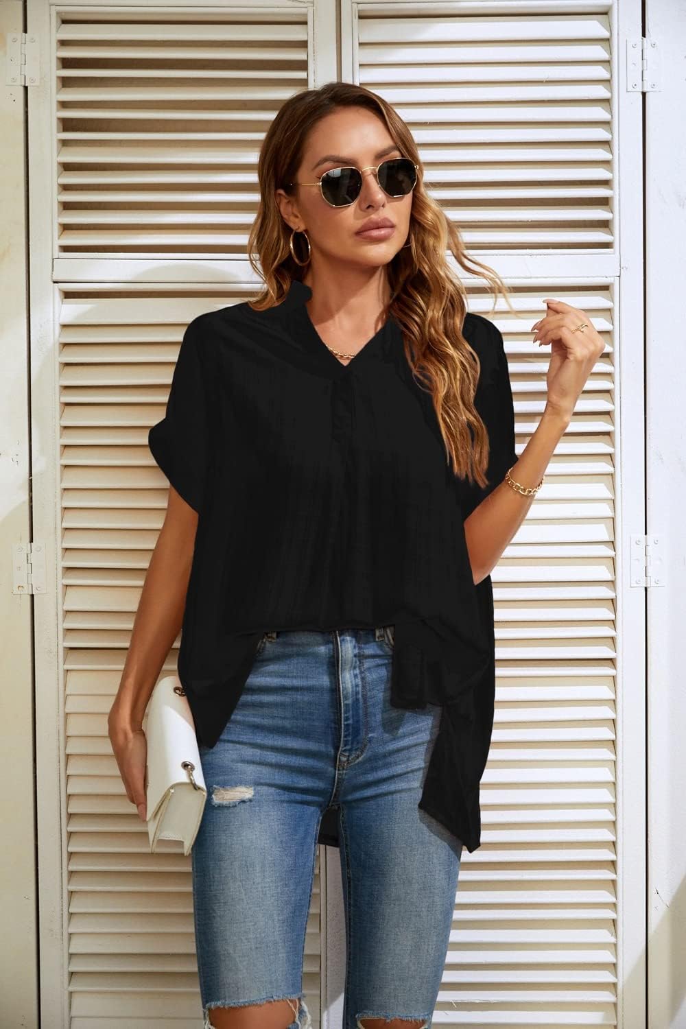 Women's Summer Casual Split V Neckline Chiffon Blouses Loose Office Business Work Blouse