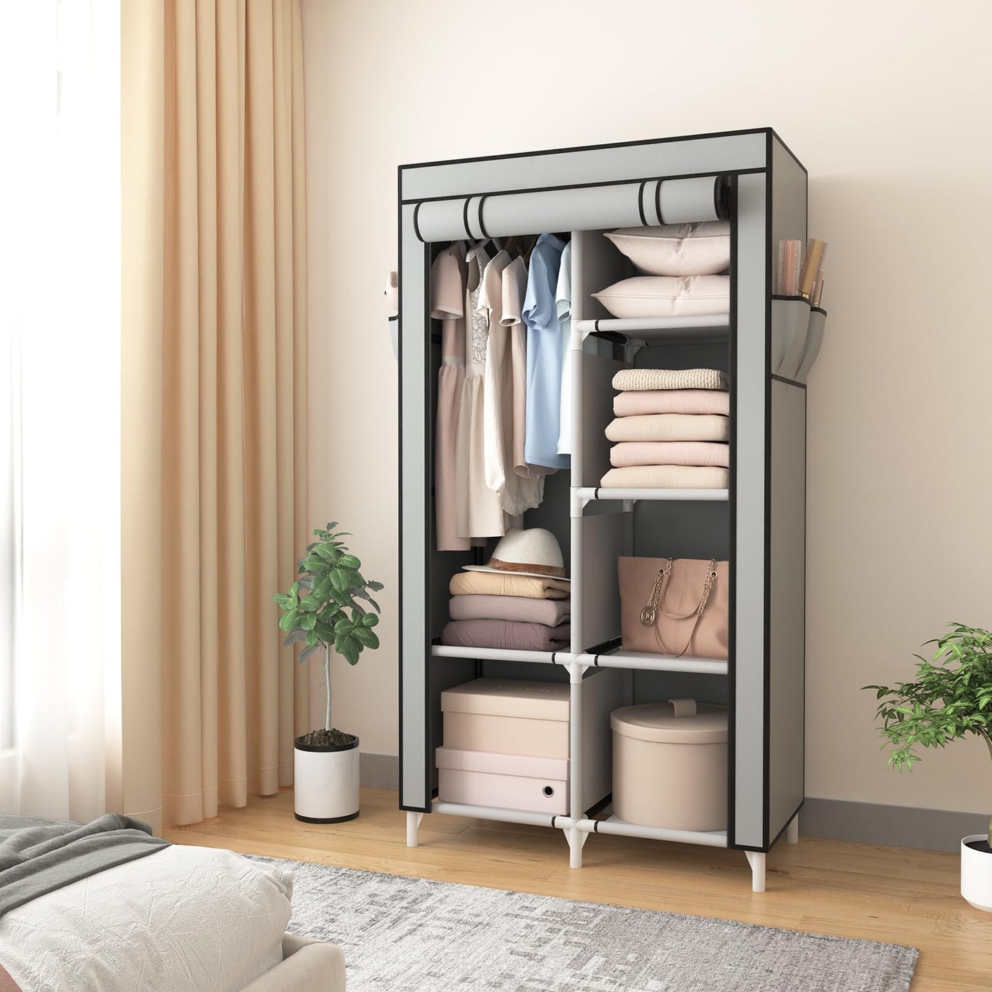 ROJASOP Portable Closet Wardrobe Closet for Hanging Clothes with 6 Storage Shelves, 1 Hanging Rod and 4 Pockets, Free Standing Closet Clothes Organizer for Bedroom, Sturdy and Easy Assemble