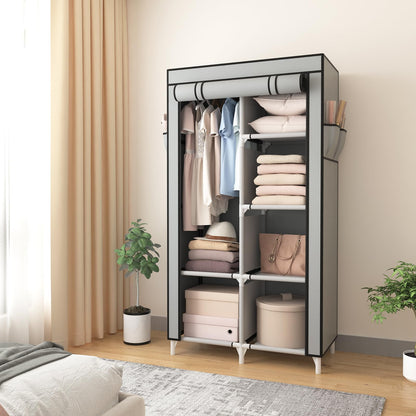 ROJASOP Portable Closet Wardrobe Closet for Hanging Clothes with 6 Storage Shelves, 1 Hanging Rod and 4 Pockets, Free Standing Closet Clothes Organizer for Bedroom, Sturdy and Easy Assemble