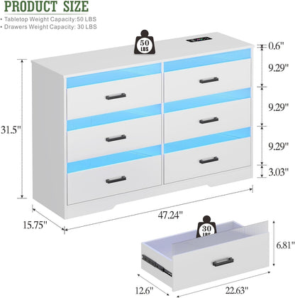 Dystler 6 Drawer Large Chest of Drawers, Modern Dresser for Bedroom with Charging Station, Wood Bedroom Dresser for Closet/Living Room/Hallway, White