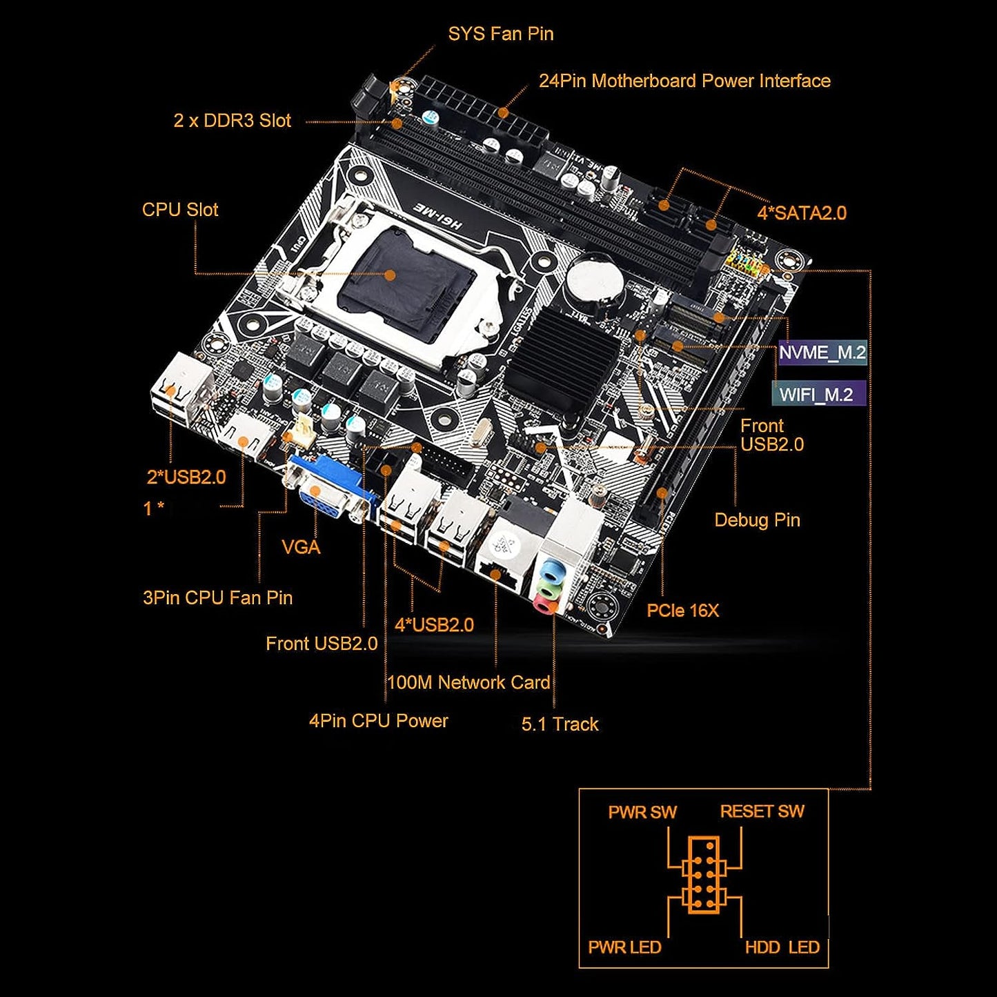 Gaming Motherboard, LGA 1155 WiFi Gaming Motherboard, ITX LGA 1155 Socket, DDR3, PCIe 16X, USB 2.0, WiFi M.2, NVME M.2, HDMI, VGA, Intel PC Gaming Motherboard, H6 ME