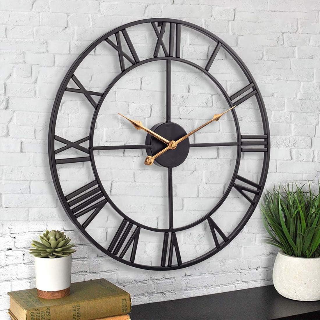 SKJIND 60cm Large Home Decor Wall Clock for Living Room Non Ticking Iron Art Clocks Roman Numeral,Retro Distressed Metal,Oversized (60cm, Black)