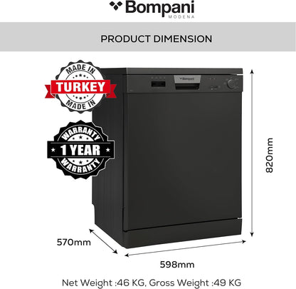 Bompani Free-Standing Dishwasher, 5 Programs, 12 Place Settings, LED Indicator, 1-Year Warranty – Efficient, Stylish, and Made in Turkey in Dark Silver Finish - BO5011