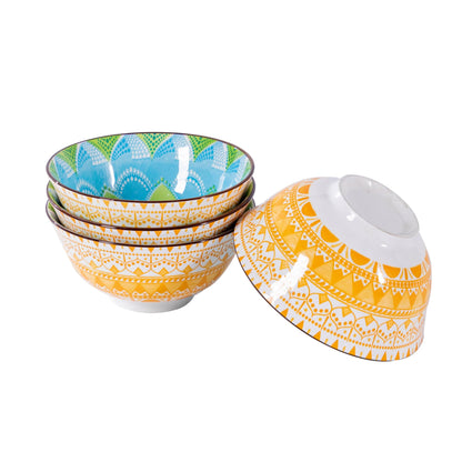 Techplus Set of 4 Geometric Pattern Ceramic Bowls – 6.25 Inch Yellow and Blue Design – Microwave, Dishwasher, Oven Safe – Perfect for Salads, Pasta, Soup – Stylish Gift for Kitchen Lovers