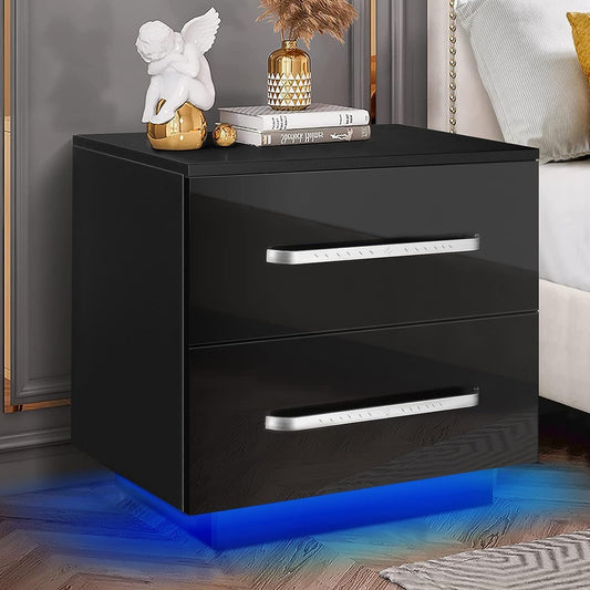 Hommpa LED Nightstand Modern Black Nightstand with Led Lights Wood Bedside Table Night Stand with 2 High Gloss Drawers for Bedroom 19.7" Tall