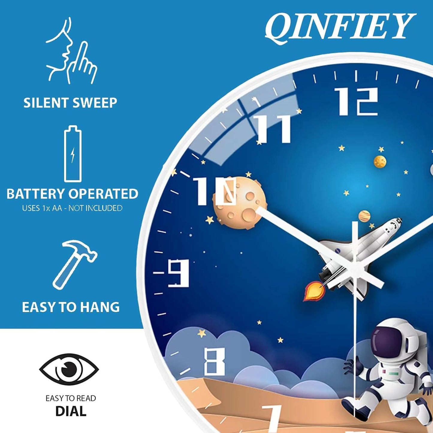 QINFIEY 12 Inch Silent Movement Kids Wall Clock, Non Ticking Children Round Wall Clock Battery Operated Space Travel Style Decor Children Clock for Home School Boys Bedroom Living Room (Blue)