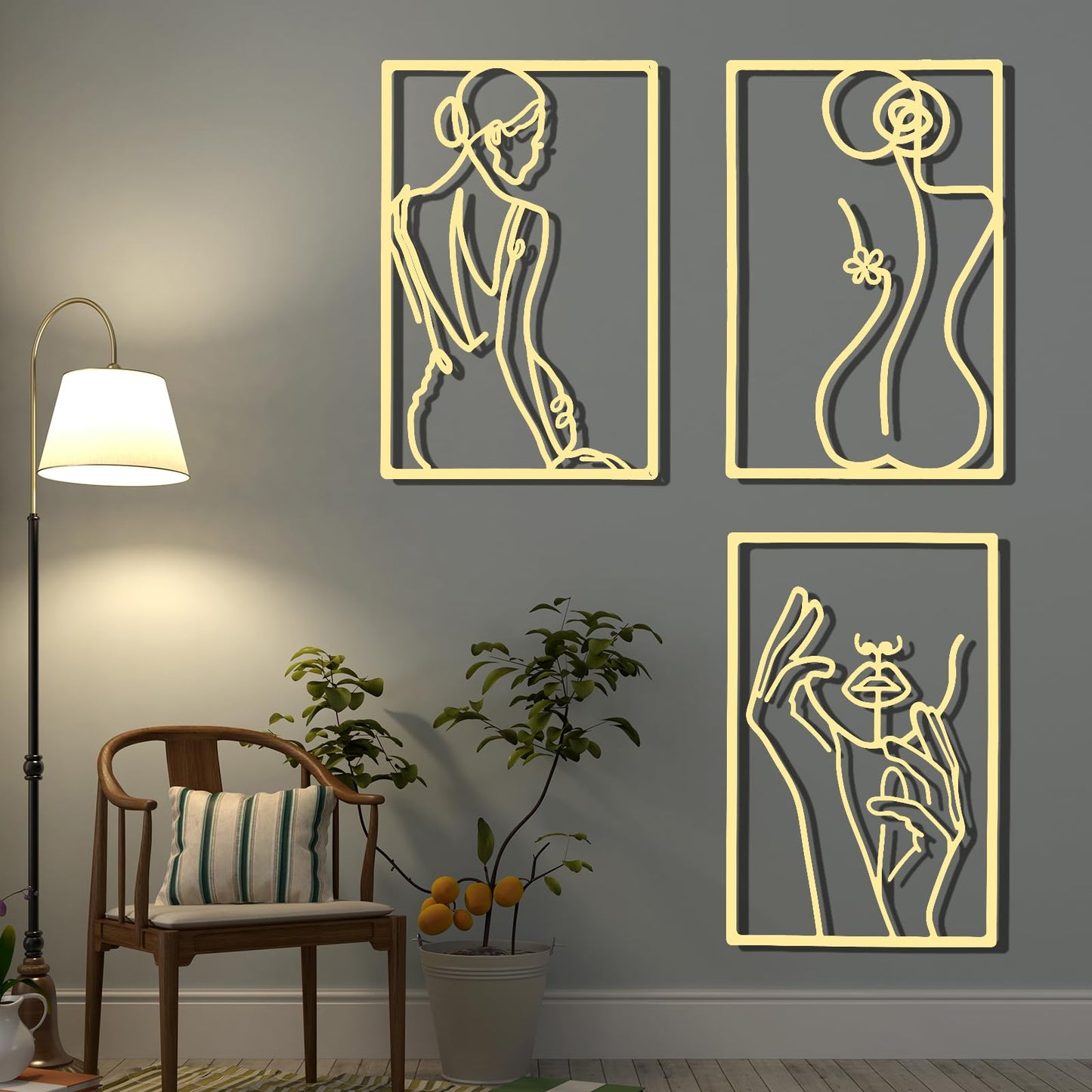 CHENGU 3 Pieces Metal Minimalist Abstract Woman Wall Art Line Drawing Wall Art Decor Single Line Female Home Hanging Wall Art Decor for Kitchen Bathroom Living Room (Black, Hand)