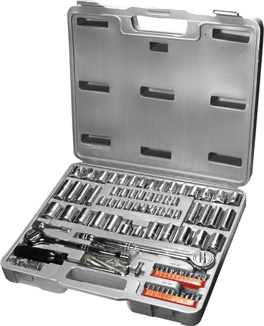 PERFORMANCE TOOL W1198 SAE/Metric 100-Piece Socket (1/4", 3/8" & 1/2" Drive) and Bit Set,Gray, 100pc & Set