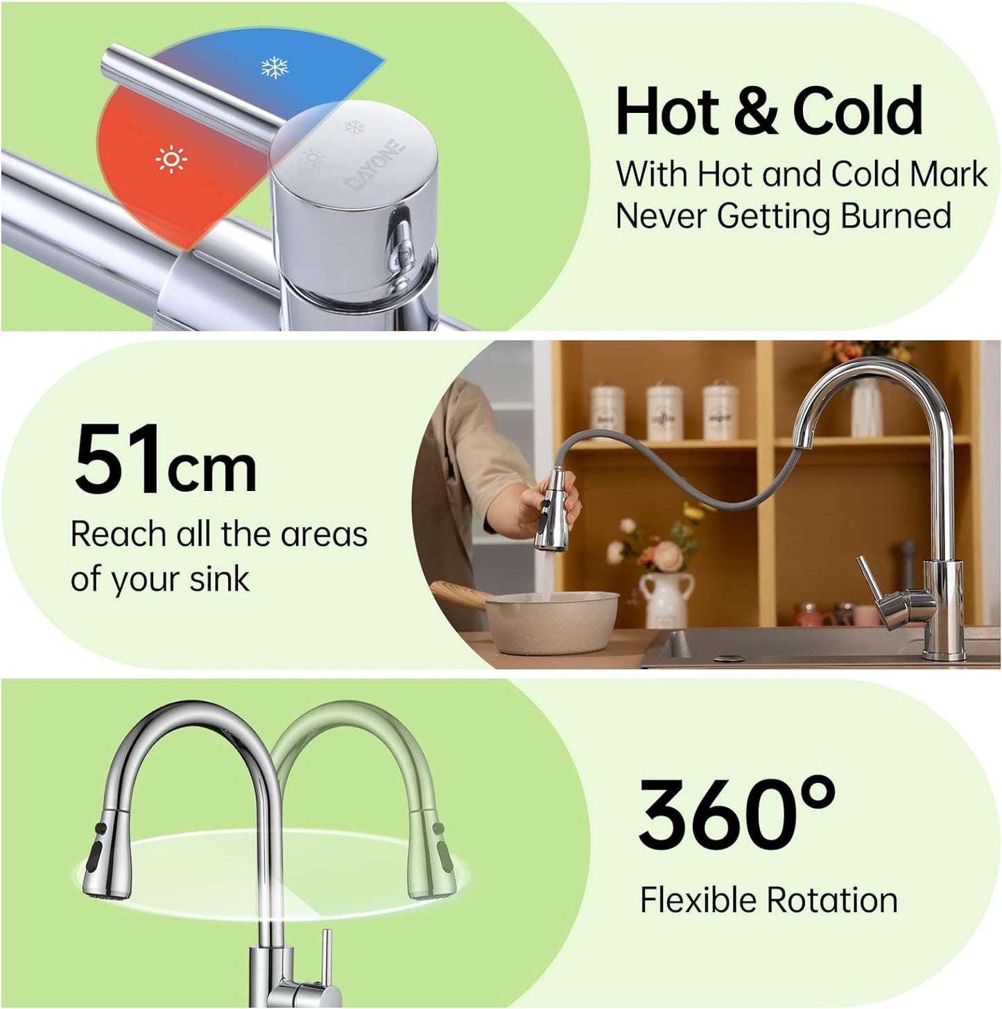 DAYONE Chrome Kitchen Faucet with Pull Down Sprayer, Single Handle Kitchen Mixer with 3 Water Modes Stainless Steel Kitchen Taps