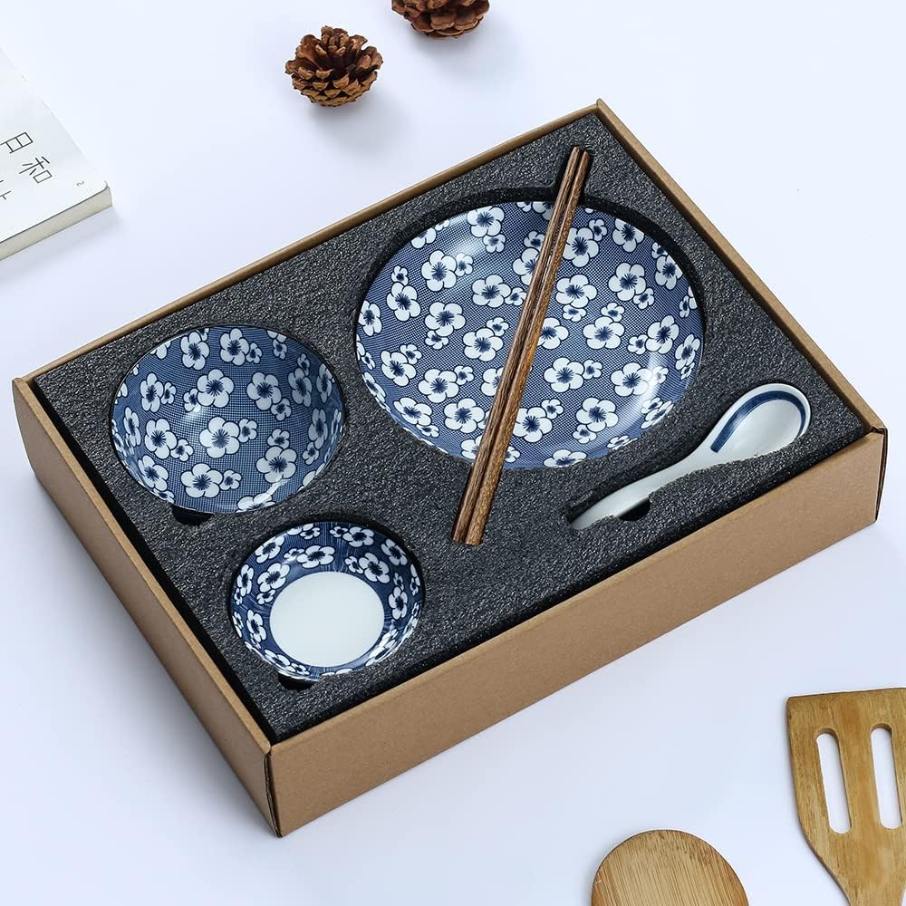 Gegong Blue and White Porcelain Dinnerware Set, Dishes, Bowl, Spoon, Chopsticks, Service for 1, Colorful Glazed Ceramic Set, Gift Box Packaging (Willow Leaves)