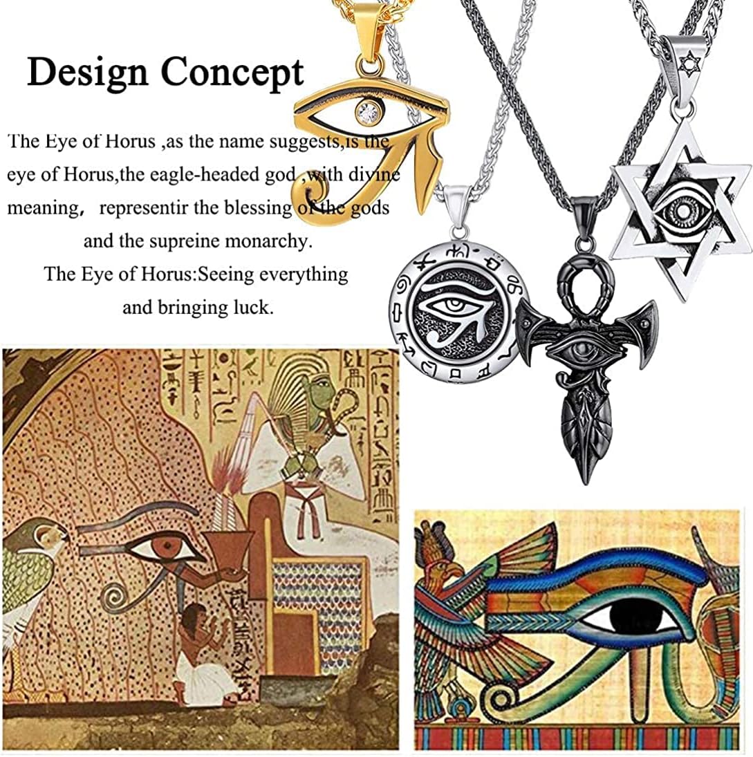 U7 Ancient Egyption Jewelry Stainless Steel 18K Gold Plated Eye of Horus Necklace, Ankh Cross Pendant, Men Women Fashion Jewelry with Chain 22 Inch, Send Gift Box