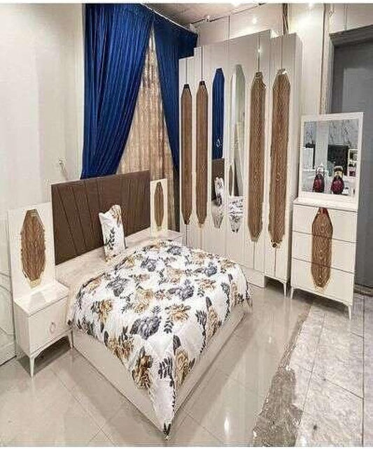 Fancy Design Luxury Modern White/Brown Full Bedroom Set Include Bed Wardrobe with 6 doors, Dressing Table, Side Tables