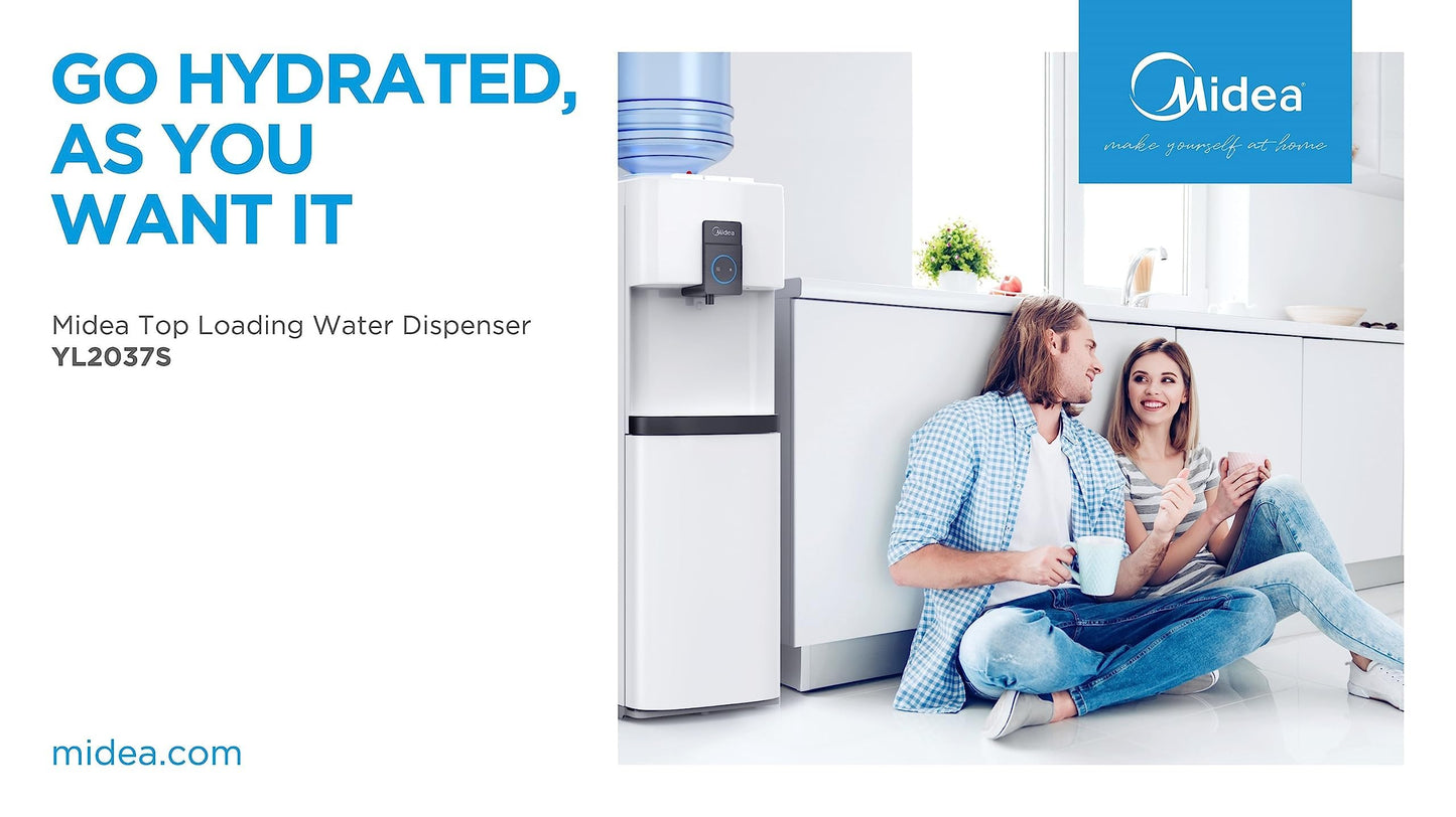 Midea Top Loading Water Dispenser with Bottom Refrigerator, Hot Cold And Ambient Temperature, Cooler Fridge with Large Storage Space, Child Safety lock, Best for Home Kitchen Office & Pantry, YL2037SB