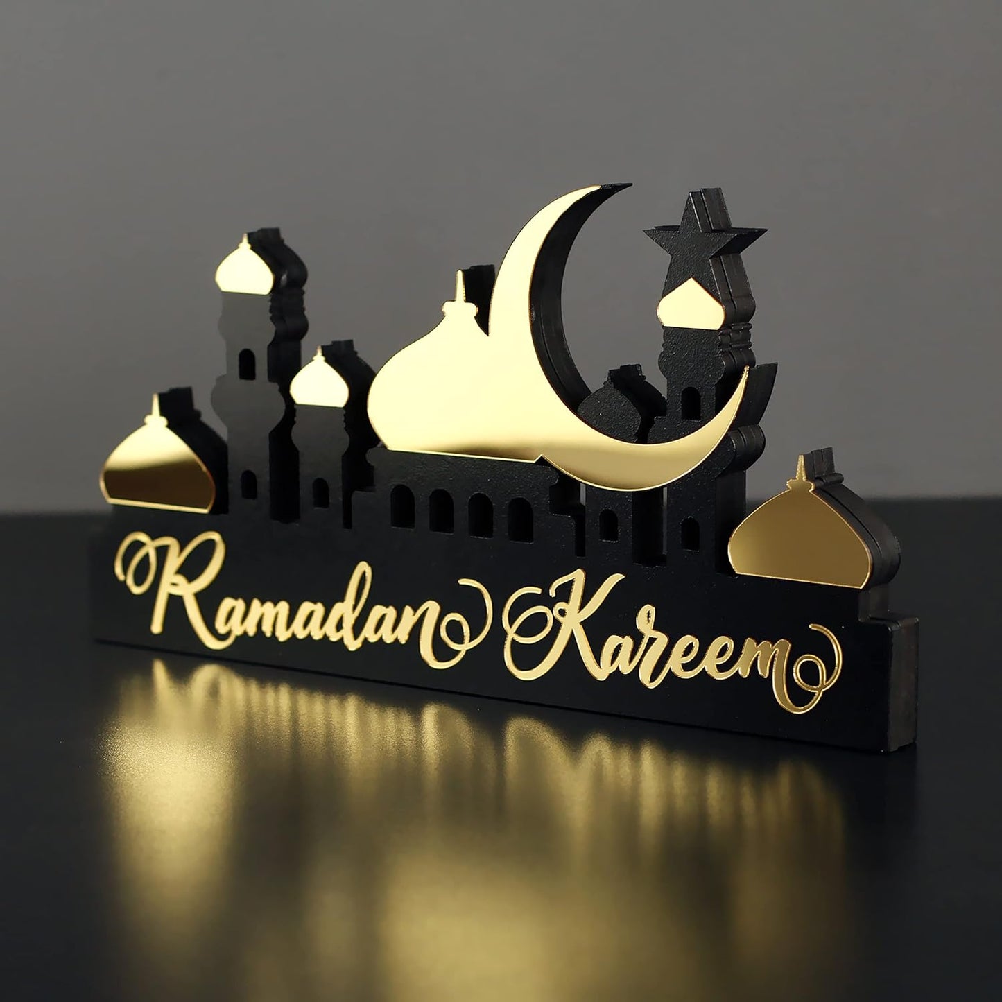 E World | Wooden Acrylic Islamic Tabletop Decors | Ramadan Kareem and Eid Mubarak Decoration | Islamic Muslim Gifts | Ramadan Eid Decoration | (Ramadan Kareem-1, Gold)