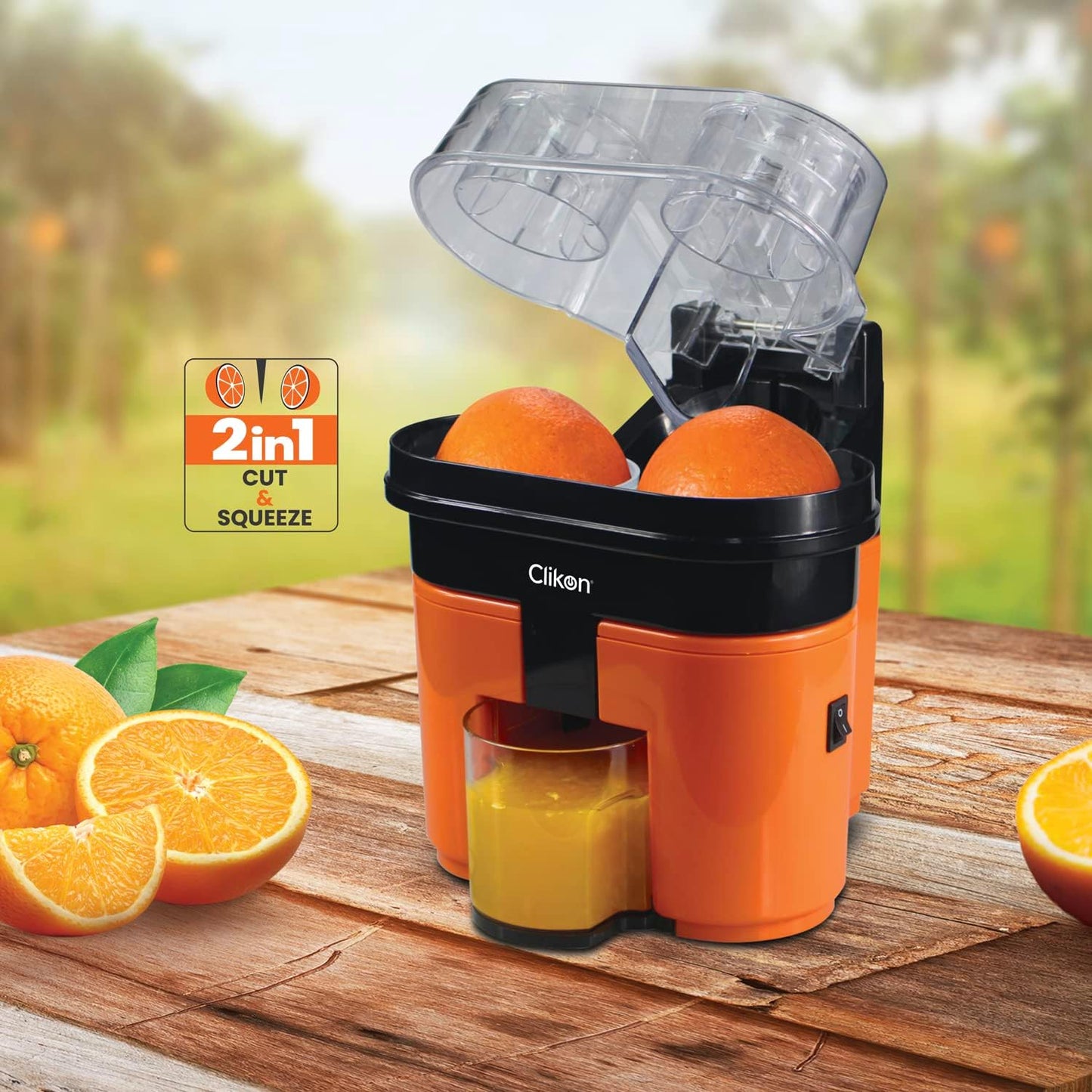 Clikon 2 in 1 Citrus Juicer with Dual Squeezer Technology, One Touch Operation, Built-in Citrus Slicer, 90 Watts, 2 Years Warranty, Orange and Black - CK2258